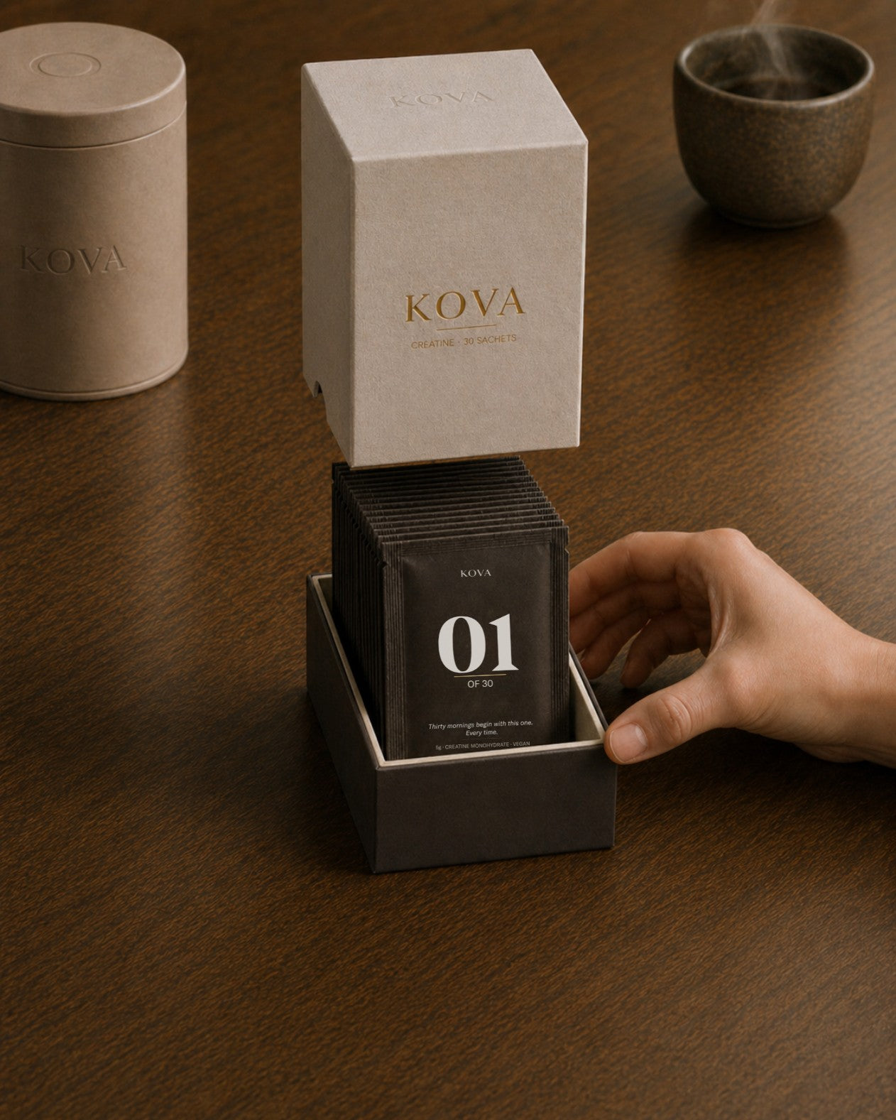 KOVA on the counter beside the morning coffee