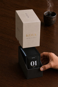 KOVA on the counter beside the morning coffee