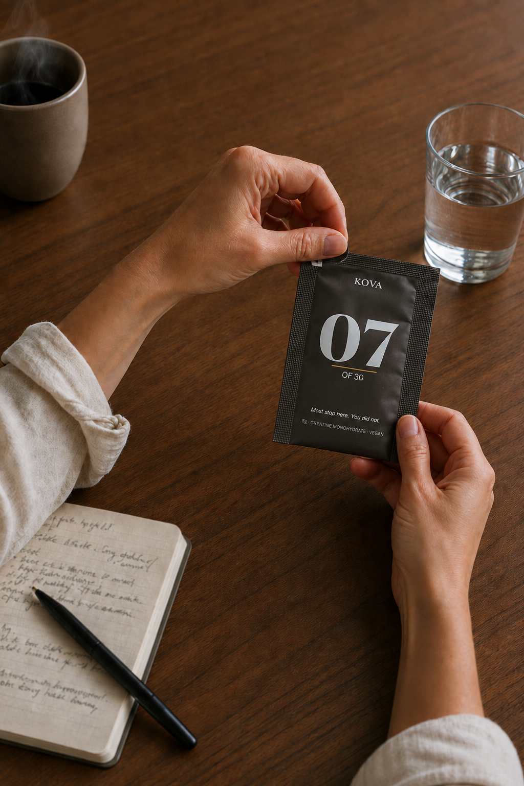 The KOVA kit — vessel, sleeve, and 30 numbered sachets